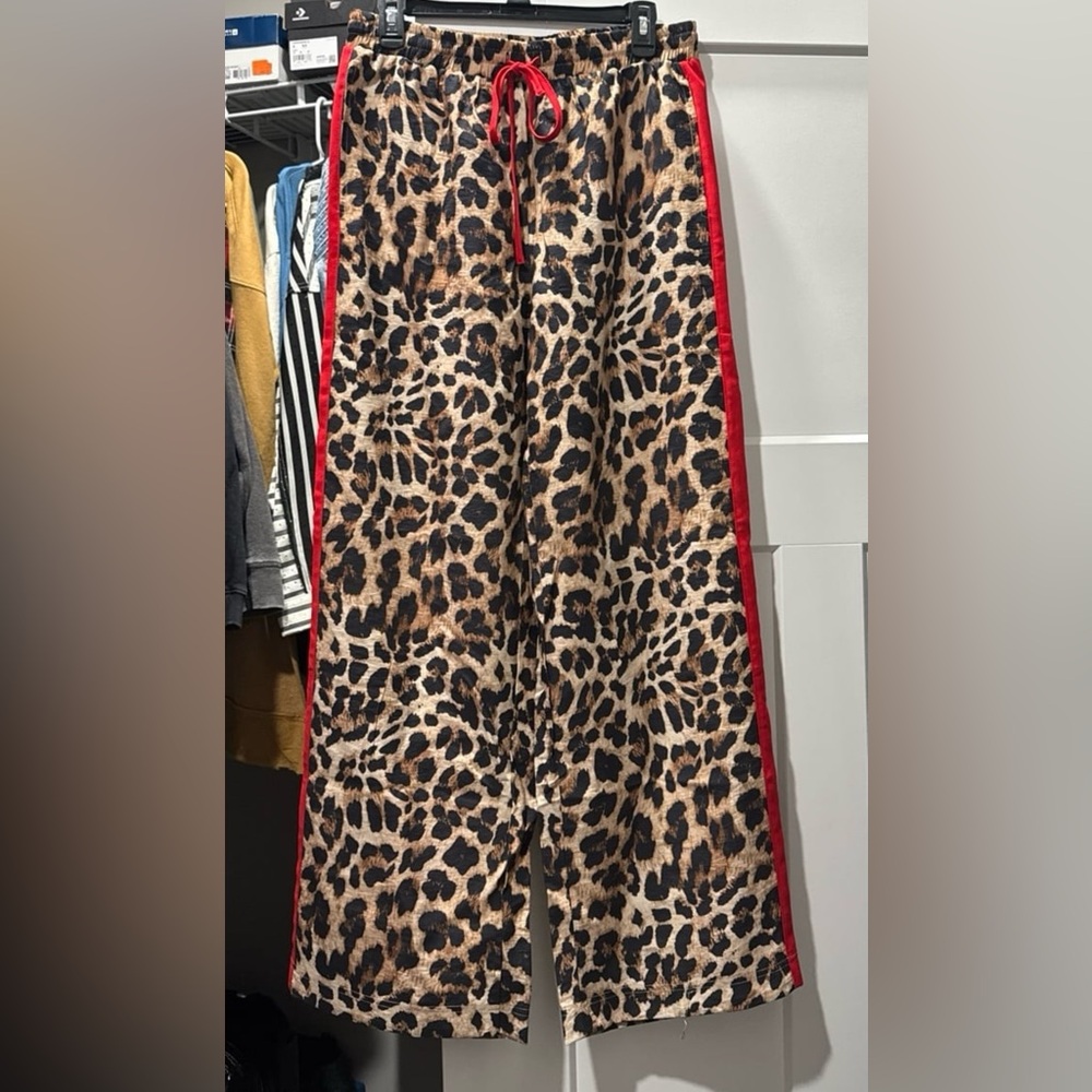 eesome Leopard Print Wide Leg Pants with Red Trim